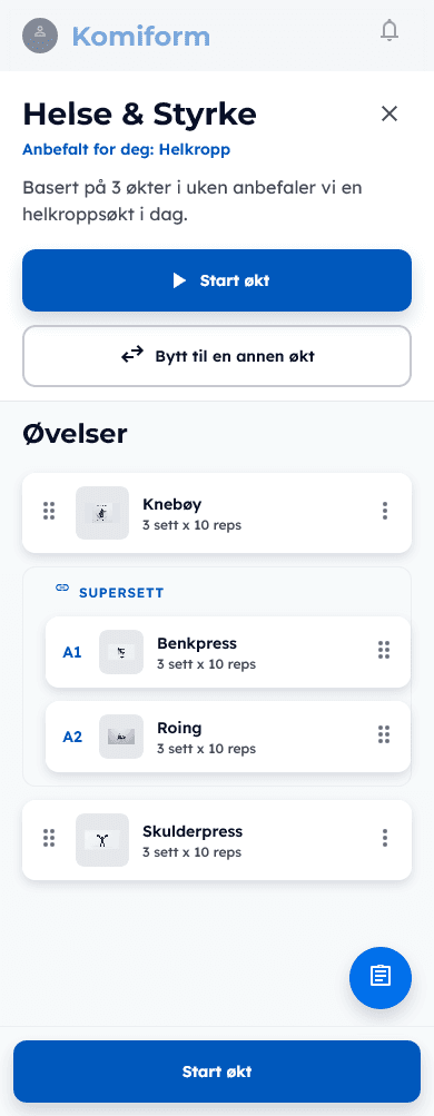 Forhåndsvisning av en ferdig planlagt KomiForm-økt