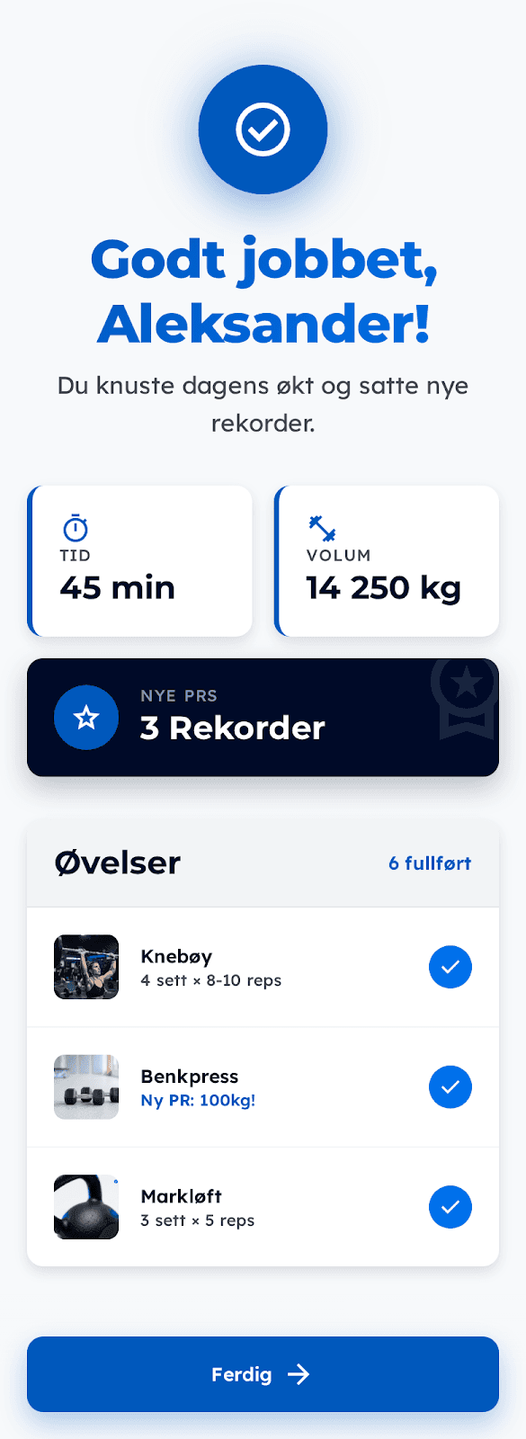 Fullført KomiForm-økt med oppsummering på mobil