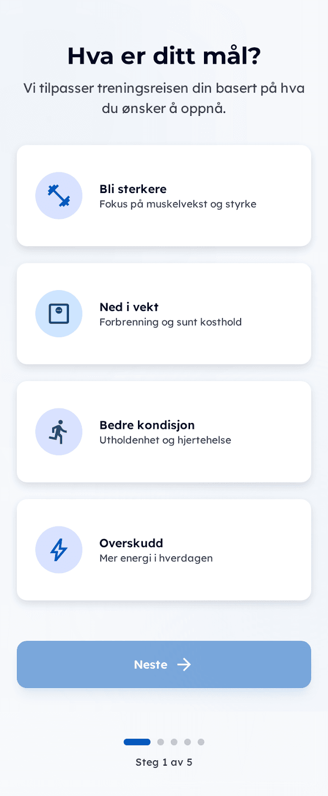 KomiForm-oppsett der brukeren velger treningsmål på mobil