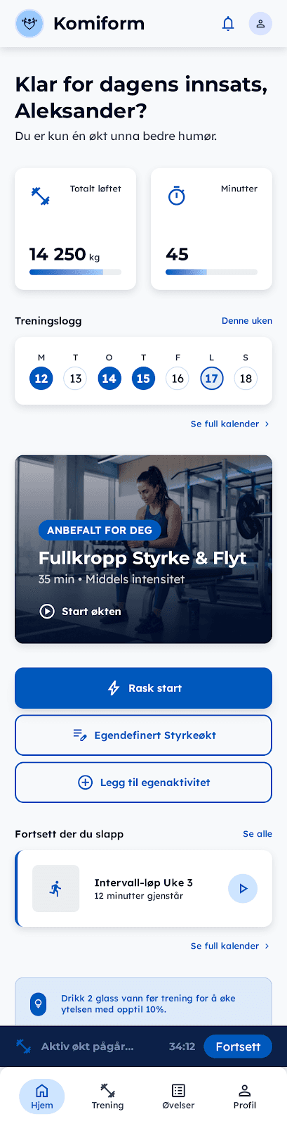 KomiForm-hjem med aktiv treningsøkt på mobil