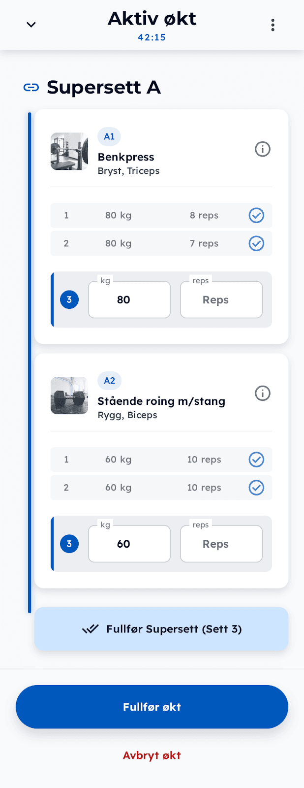 Aktiv KomiForm-økt med supersett og redigering av øvelser på mobil